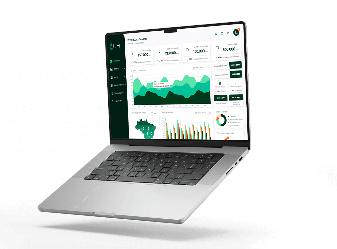 Plataforma Lumi de gestão de créditos de energia exibida em um notebook